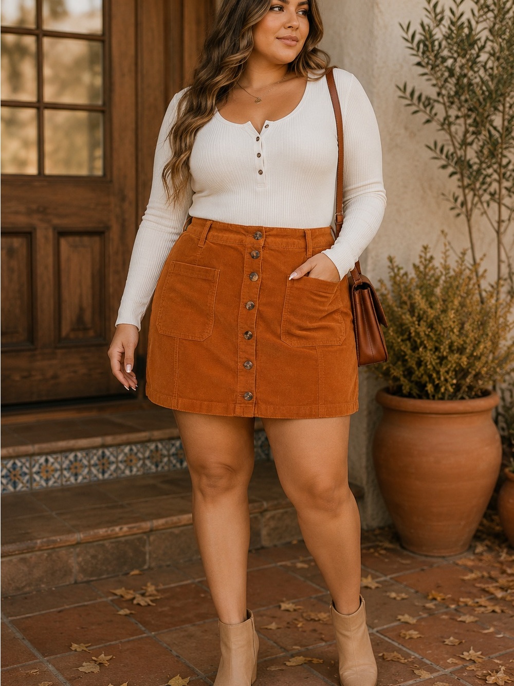 SO Rust Button-Front Cord Mini Skirt